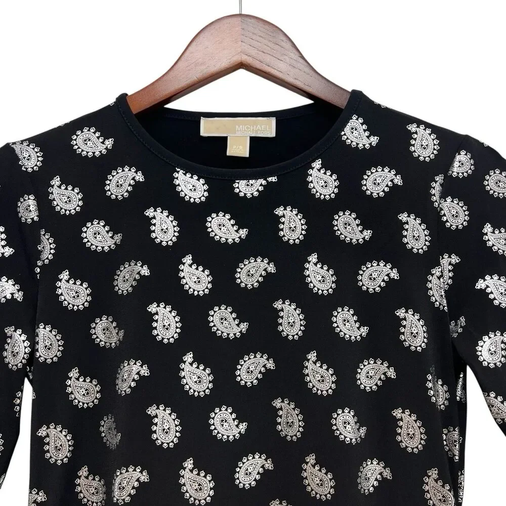 MICHAEL KORS Black/Silver Foil Paisley Flounce Shift Dress Bell Sleeves Size S